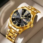 100% Original Luxury Binbond authentic men's watch waterproof night light dual calendar watch men's quartz watch diamond ceiling glass- Black & Golden