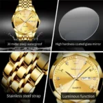 OLEVS 9931 Quartz Watch For Men Rhombus Mirror Stainless Steel Waterproof Date Week Clock Simplicity Luxury Men's Wristwatch- Golden - Image 2