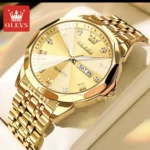 OLEVS 9931 Quartz Watch For Men Rhombus Mirror Stainless Steel Waterproof Date Week Clock Simplicity Luxury Men's Wristwatch- Golden