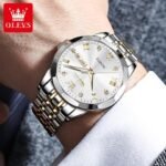 OLEVS 9931 Quartz Watch For Men Rhombus Mirror Stainless Steel Waterproof Date Week Clock Simplicity Luxury Men's Wristwatch- white